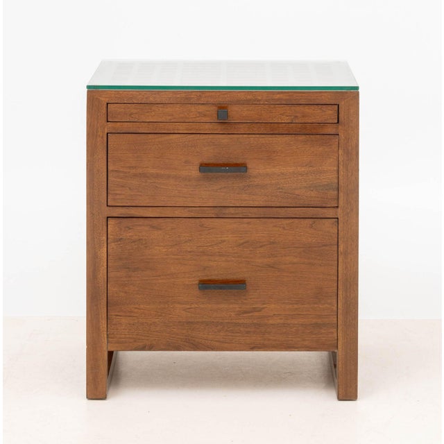 Maria Yee "Metro" Chestnut Office Organizer Filing Cabinet, with glass top and slide writing surface above two drawers....