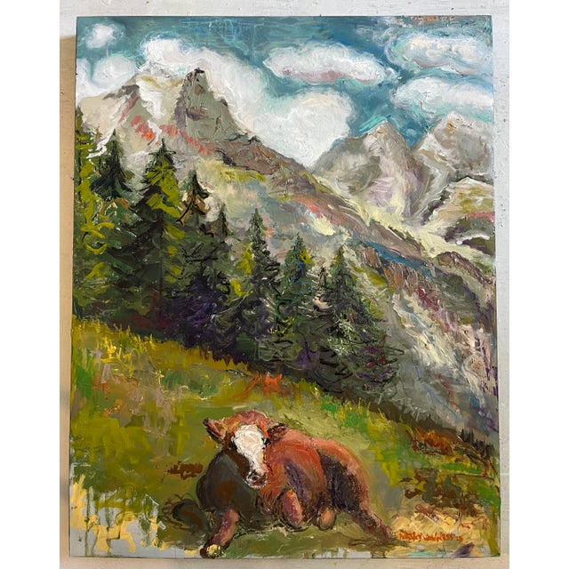 "Cow in the Swiss Alps", Original Oil Painting, Landscape Animal Art For Sale - Image 9 of 9