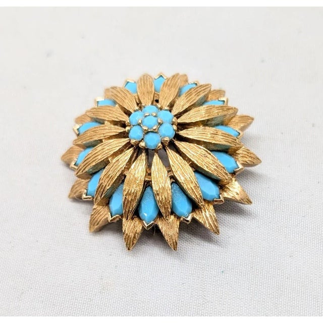 Mid-Century Modern Vintage 1960s Signed Panetta Goldtone Faux-Turquoise Brooch For Sale - Image 3 of 8