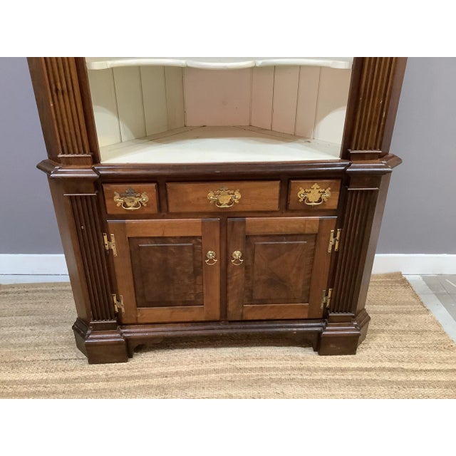American Antique Corner Cabinet Burled Wood Painted Interior 2 Pce Fluted Column Arched For Sale - Image 3 of 13