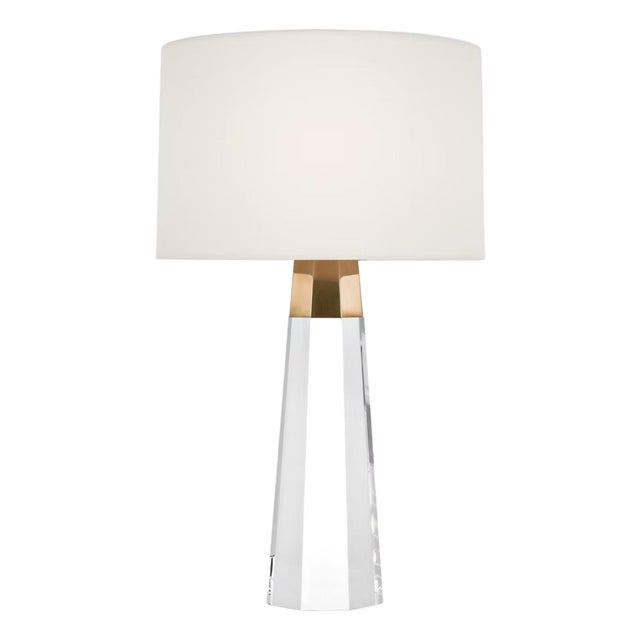 AERIN by Visual Comfort Signature Olsen 15" Cordless Accent Lamp in Crystal and Hand-Rubbed Antique Brass with Linen Shade For Sale