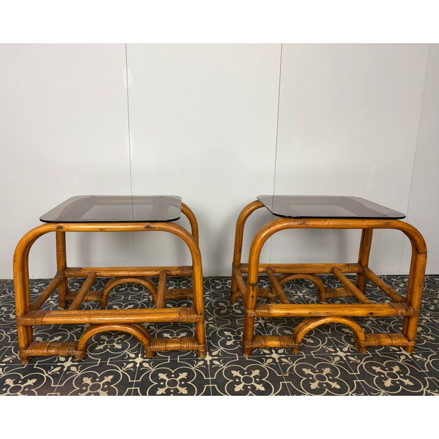 Mid-Century Modern Italian Bamboo and Rattan Side Tables with Smoked Glass, 1950s, Set of 2 For Sale - Image 6 of 18