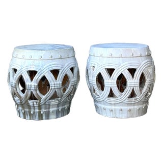 Vintage Glazed Ceramic Keyhole Garden Stools - A Pair For Sale