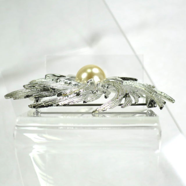 Metal Vintage Designer Silver Pearl Brooch 1960s For Sale - Image 7 of 10