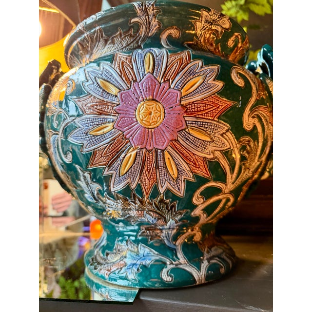 An exceptional, investment-grade French majolica barbotine cachepot/jardinière centerpiece manufactured by the historic...