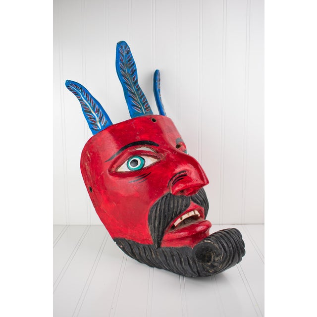 Wood Large Vintage Hand Carved Red Diablo Costume Mask With Beard & Blue Feathers For Sale - Image 7 of 18