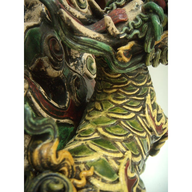 Wood Mounted Antique Chinese Mythical 'Qilin' Dragon, Glazed Shiwan Wall Tile For Sale - Image 7 of 10