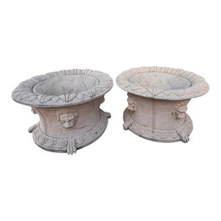 Vintage Neoclassical Cast Stone Lion Head Garden Planters For Sale