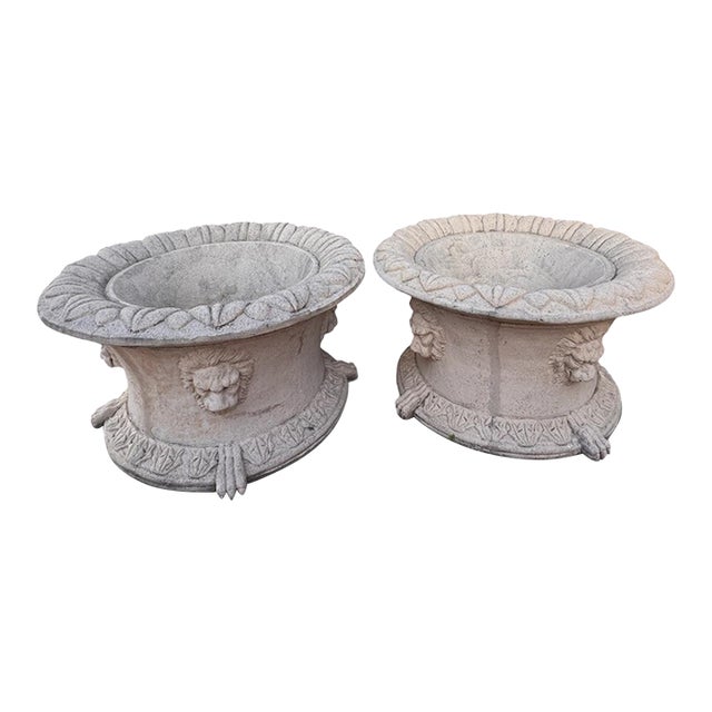 Vintage Neoclassical Cast Stone Lion Head Garden Planters For Sale