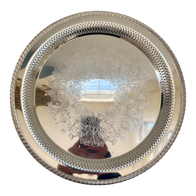 Large Wm Rogers Pierced Silverplate Round Serving Tray For Sale