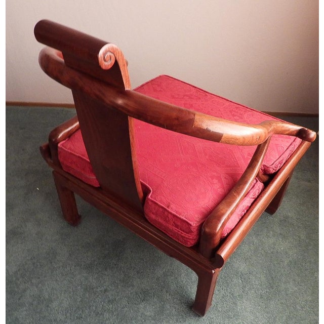 Sienna 20th Century George Yee Style Chinese Hong Kong Horseshoe Lacquered Wook Accent Chair With Red Cushion For Sale - Image 8 of 12