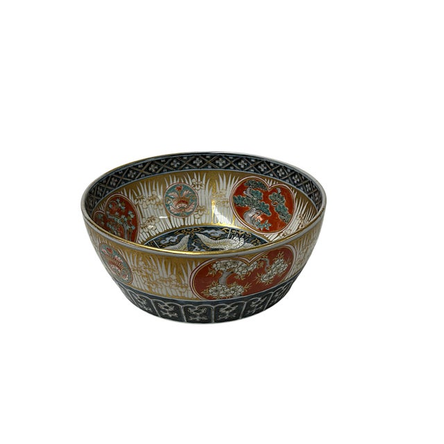 Ceramic Vintage Oriental Imari Blue Red Birds Medallion Porcelain Bowl Art For Sale - Image 7 of 10