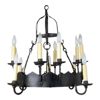 Late 19th Century Gothic Revival Hand Forged Iron 12-Light Chandelier For Sale