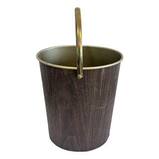 Vintage Faux Woodgrain Mid-Century Wastebasket With Brass Handle For Sale