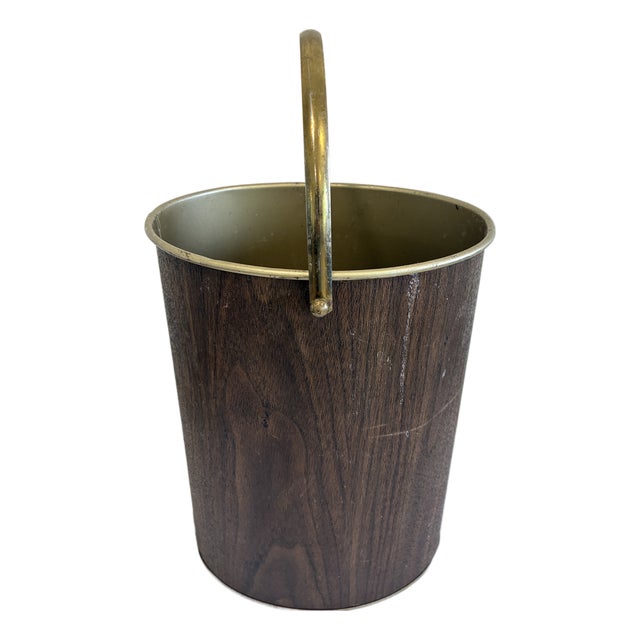 Vintage Faux Woodgrain Mid-Century Wastebasket With Brass Handle For Sale