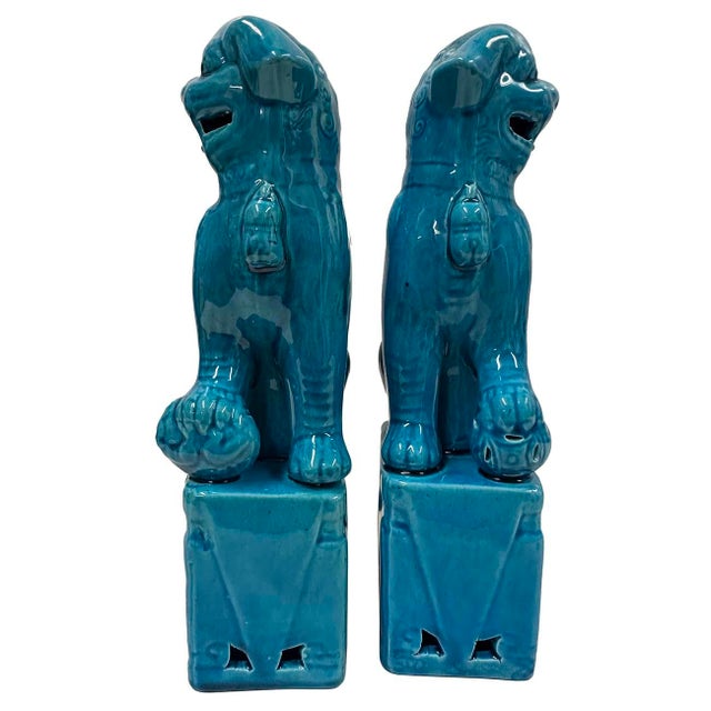 Vintage Chinese Porcelain Turquoise Foo Dog Figurines - A Pair For Sale In Los Angeles - Image 6 of 9