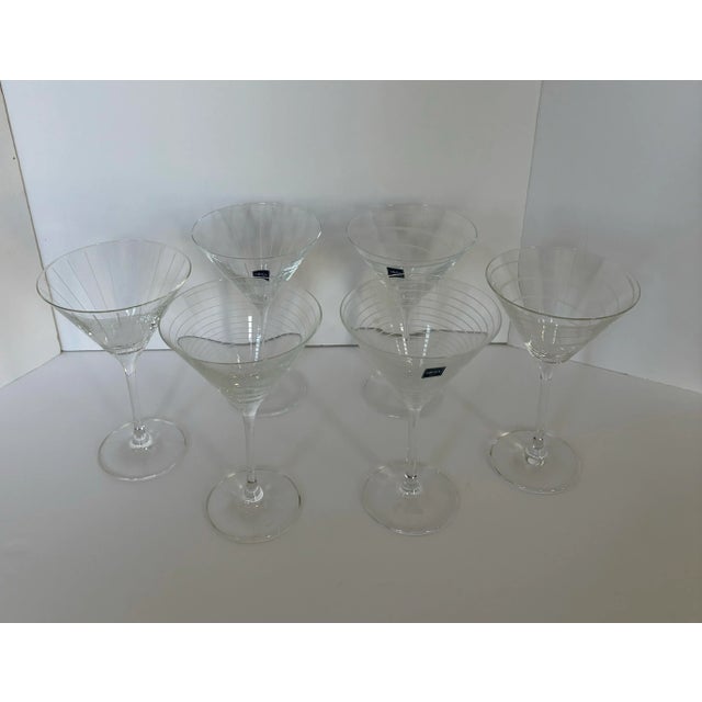 Mikasa Pair of Vintage Mikasa Cheers Etched Ring Glass Martini Cocktail Glasses Horizontal Pattern Modernist Barware For Sale - Image 4 of 7