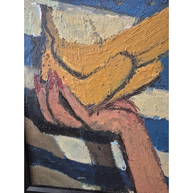 Whimsical yet serious oil painting on board of bananas in a women's hand executed in a modern impressionist style,signed...