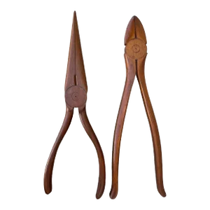 Early 1900s Rustic Edwardian Mahogany Needlenose and Cutting Pliers Wall Art- Set of 2