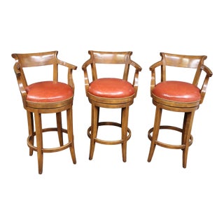 Country French Cherry & Leather Bar Stools - Set of 3 For Sale