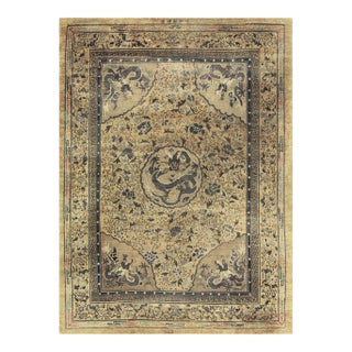 1980s Beige Tradtional Vintage Medallion Dragon Chinese Knotted Silk Carpet Rug For Sale