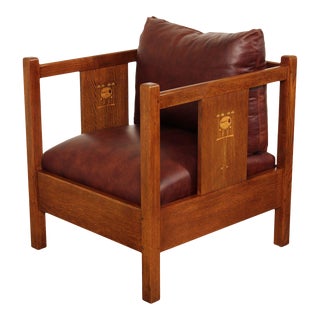 Early 21st Century Stickley Mission Collection Oak & Leather Harvey Ellis Cube Chair For Sale