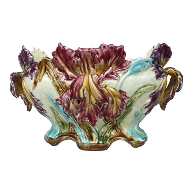 19th Century French Majolica Iris Jardiniere Onnaing For Sale