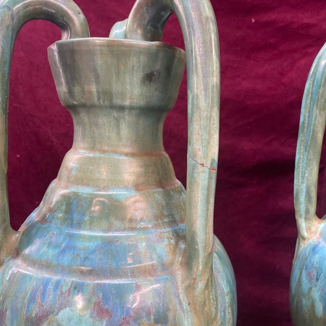 Pair of 1940s AR Cole Nc Spider Floor Vases Studio Art Pottery Drip Glaze 3 Handle For Sale In Miami - Image 6 of 12