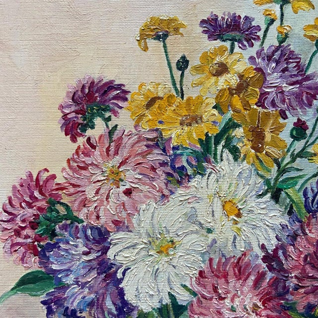 French Artist, Still Life of a Vase of Dahlias, 1960s, Oil on Canvas For Sale - Image 3 of 10
