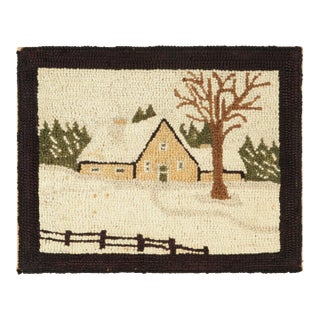 Antique Framed Hooked Rug, Country House Pictorial in White - Rug & Kilim For Sale