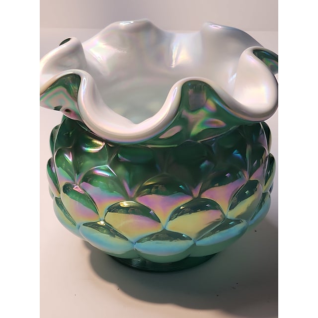 Fenton Art Glass Company Artichoke Vintage Fenton Jacqueline Opalescent Cased Glass Green Vase Bowl For Sale - Image 4 of 10
