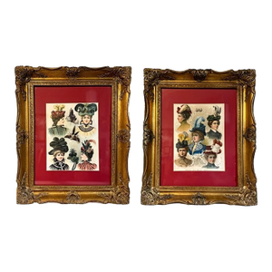 Pair of Antique 1897 Victorian Millinery Hats Chromolithograph Prints in Gilt Wood Frames