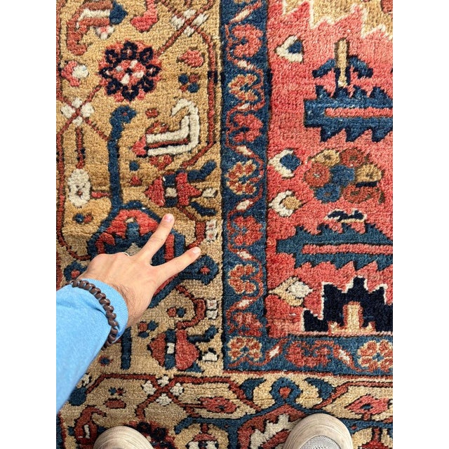 Antique Heriz Village Carpet Rare Camel Border with Coral Ground in Naive Harshang Design with Sickle Leaf Motif Rug 9.4 x 11.4 For Sale - Image 9 of 16