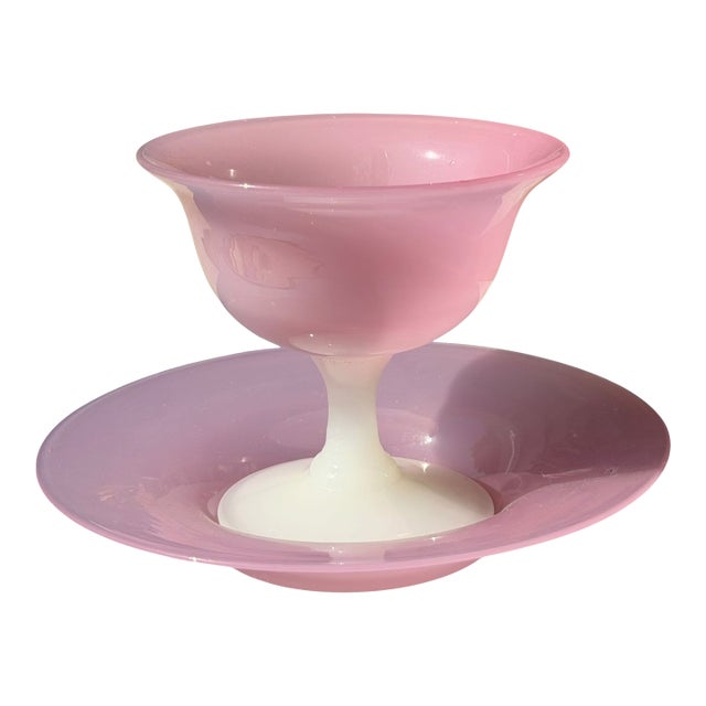 Steuben Pink Opaline or Rosaline Art Glass Footed Bowl & Underplate For Sale