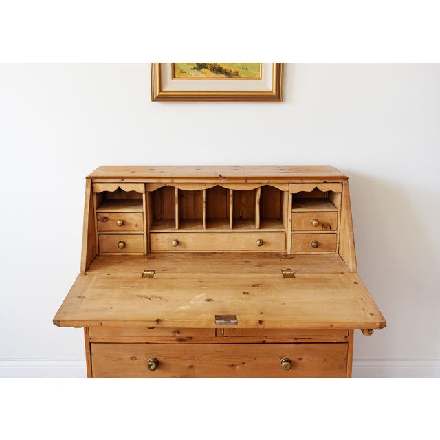 Farmhouse Antique English Pine Secretary With Brass Knobs | Ca. 1850s For Sale - Image 3 of 4