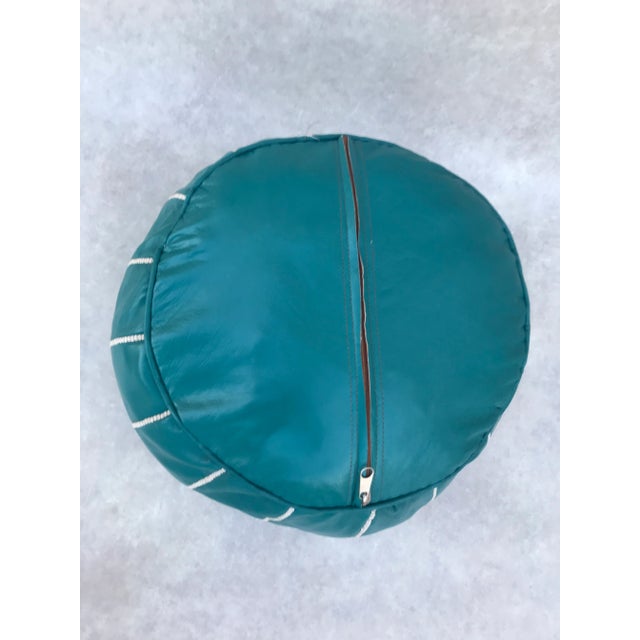 Moroccan Artist Blue Turquoise Moroccan Leather Pouf Cover For Sale - Image 4 of 9