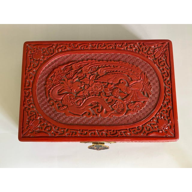Paint Mid 20th Century Chinese Export Cinnabar Lacquer Jewelry Box For Sale - Image 7 of 12