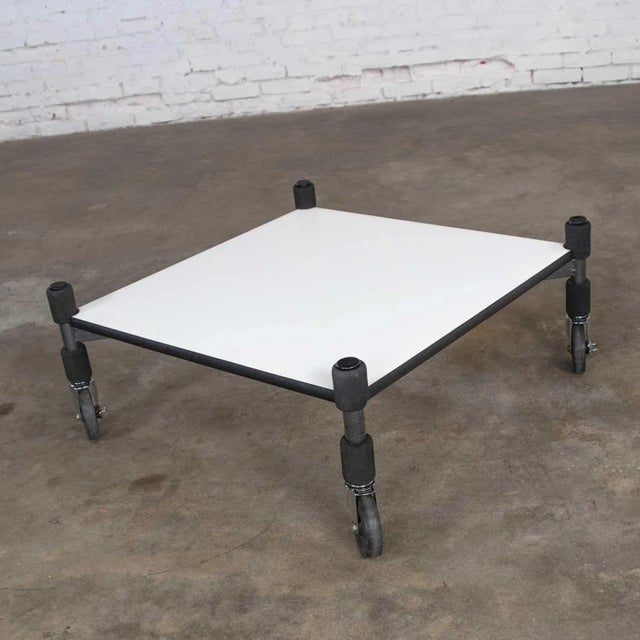 Postmodern Post-Modern Low Coffee Table or End Table White Laminate & Metal on Casters Style Brian Kaneodern For Sale - Image 3 of 11