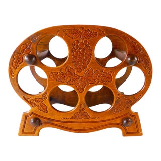 Vintage Mid Century Wood Pressed Grapes Design 6 Bottle Wine Rack For Sale