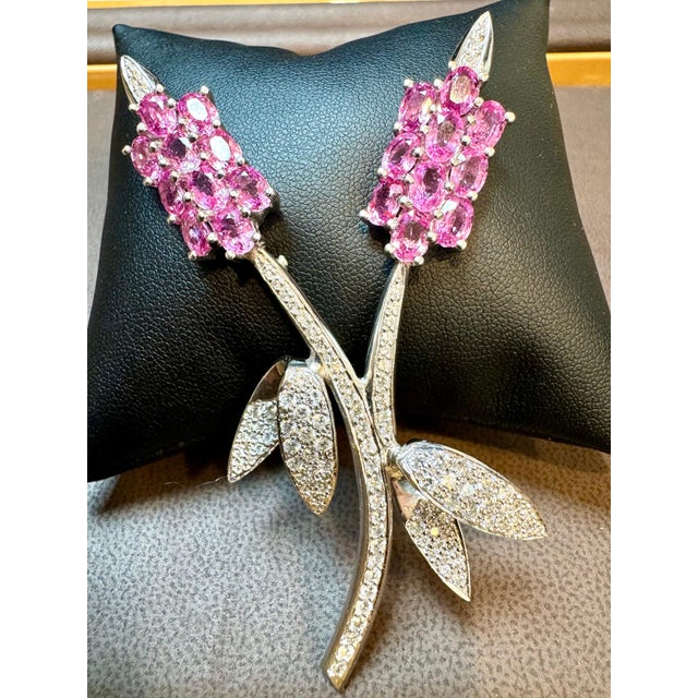 Mid 20th Century Vintage 18 Kt White Gold Diamond & 13 Ct Pink Sapp Floral Bouquet Broach 23.2 GM For Sale - Image 5 of 18