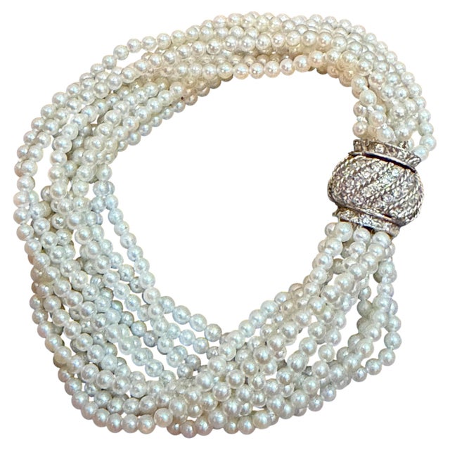 3.1mm Akoya Japanies Pearl Multi Strand Bracelet, 14kwg Diamond Clasp, 8 Inch For Sale - Image 4 of 8
