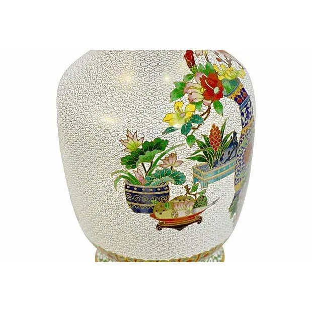 Large nine inch vintage intricately detailed cloisonne vase with a white and gold accented tiny cloud background featuring...