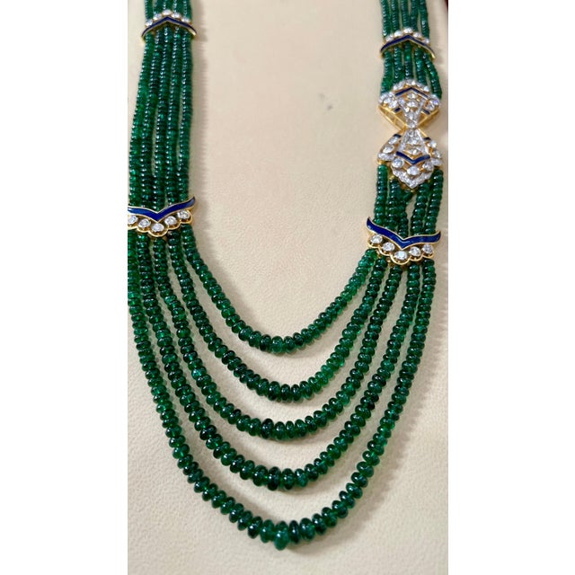 2010s 300 Carat 5-Strand Emerald Necklace with 4.8 Carat Diamond & Enamel in 14k Gold For Sale - Image 5 of 18