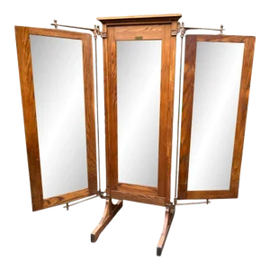 1900s Architectural Industrial Oak & Iron Trifold Mirror