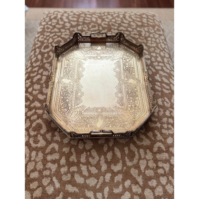 Vintage Large Brass Engraved Tray For Sale - Image 11 of 12