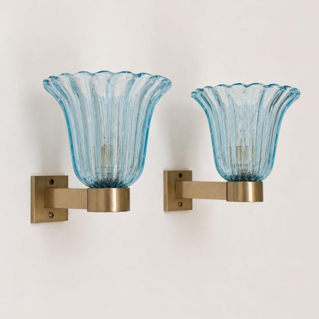 1950s Mid-Century Modern Murano Glass Sconces Brass Wall Lights Barovier & Toso - Pair For Sale - Image 9 of 10