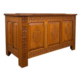 Early 20th Century Antique Carved Oak Storage Chest For Sale