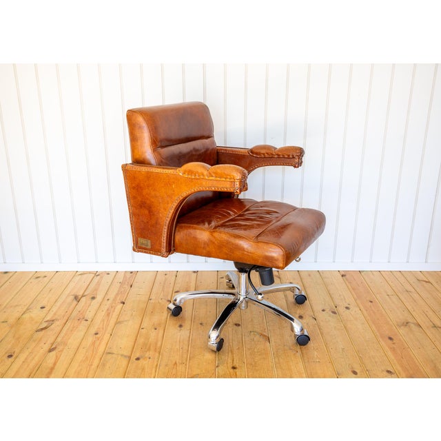 Vintage Executive Desk Chair Office in Tan Leather with Tilt Swivel Height Adjustable by Timothy Oulton for Halo For Sale - Image 9 of 18