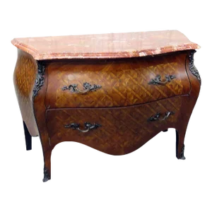 Inlaid Kingwood French Louis XV Style Marble Top Marquetry Commode Dresser