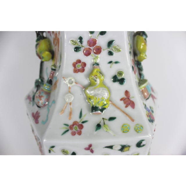 Ceramic Vintage Chinese Floor Vase With Raised Precious Objects Details Famille Rose For Sale - Image 7 of 12